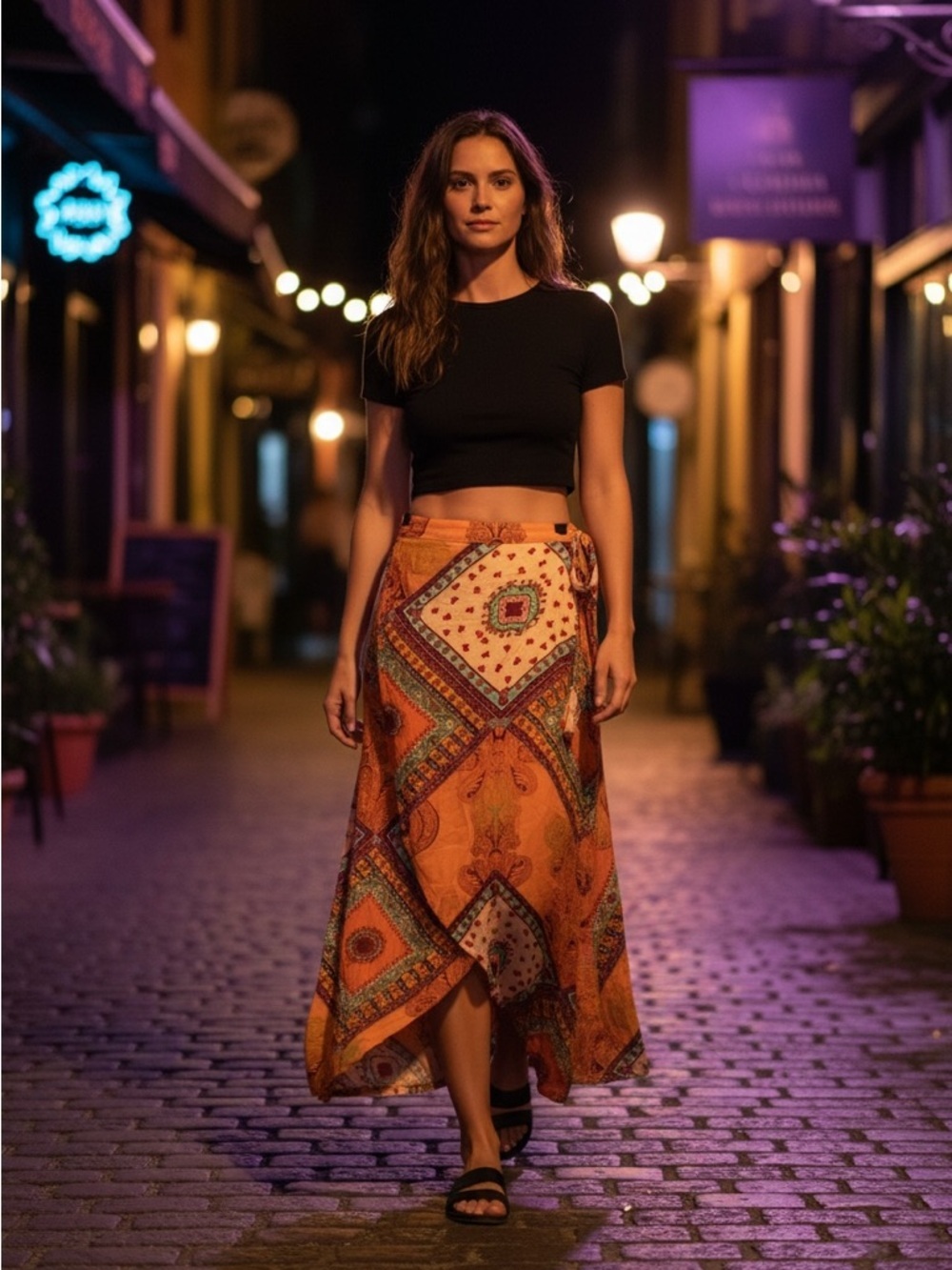 Bohemian Orange Wrap Maxi Skirt